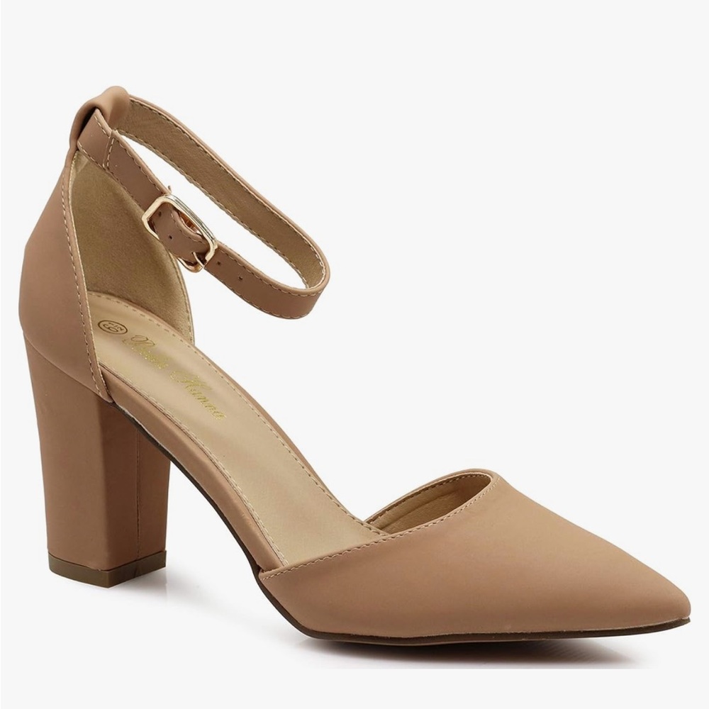 Nude Nubuck Closed Toe Heels with Ankle Strap, Size 9.